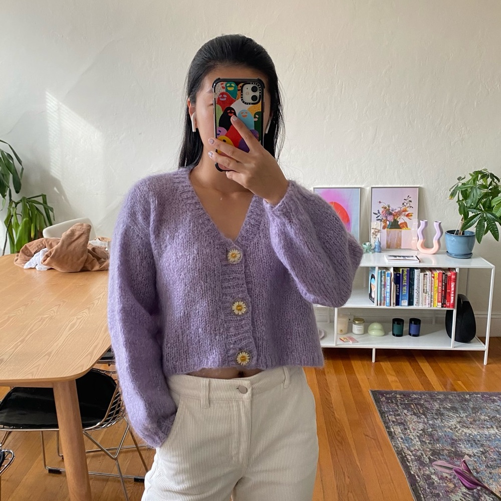 handmade purple daisy cardigan
